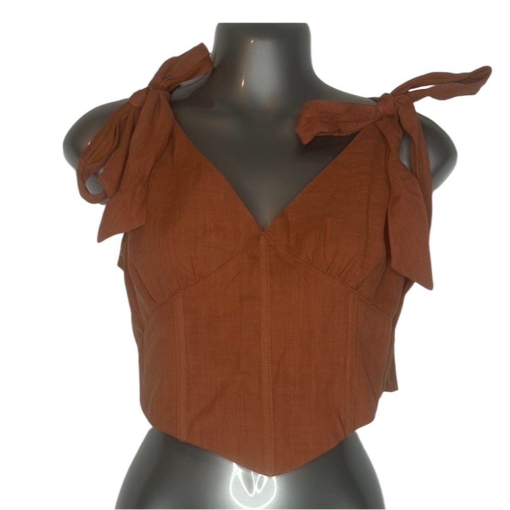 Linen Corset Brown Adjustable Tie Crop Top Medium